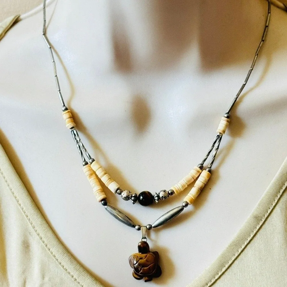 Vtg NAVAJO Turtle heishi Necklace‎ tiger's eye Zuni Native American silver 20